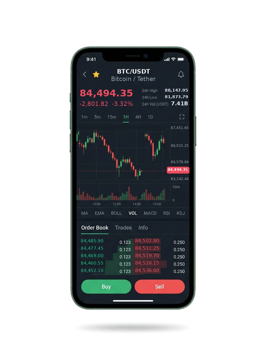 The Vathos Mercenza mobile app showing a watchlist, a signal card and an account balance